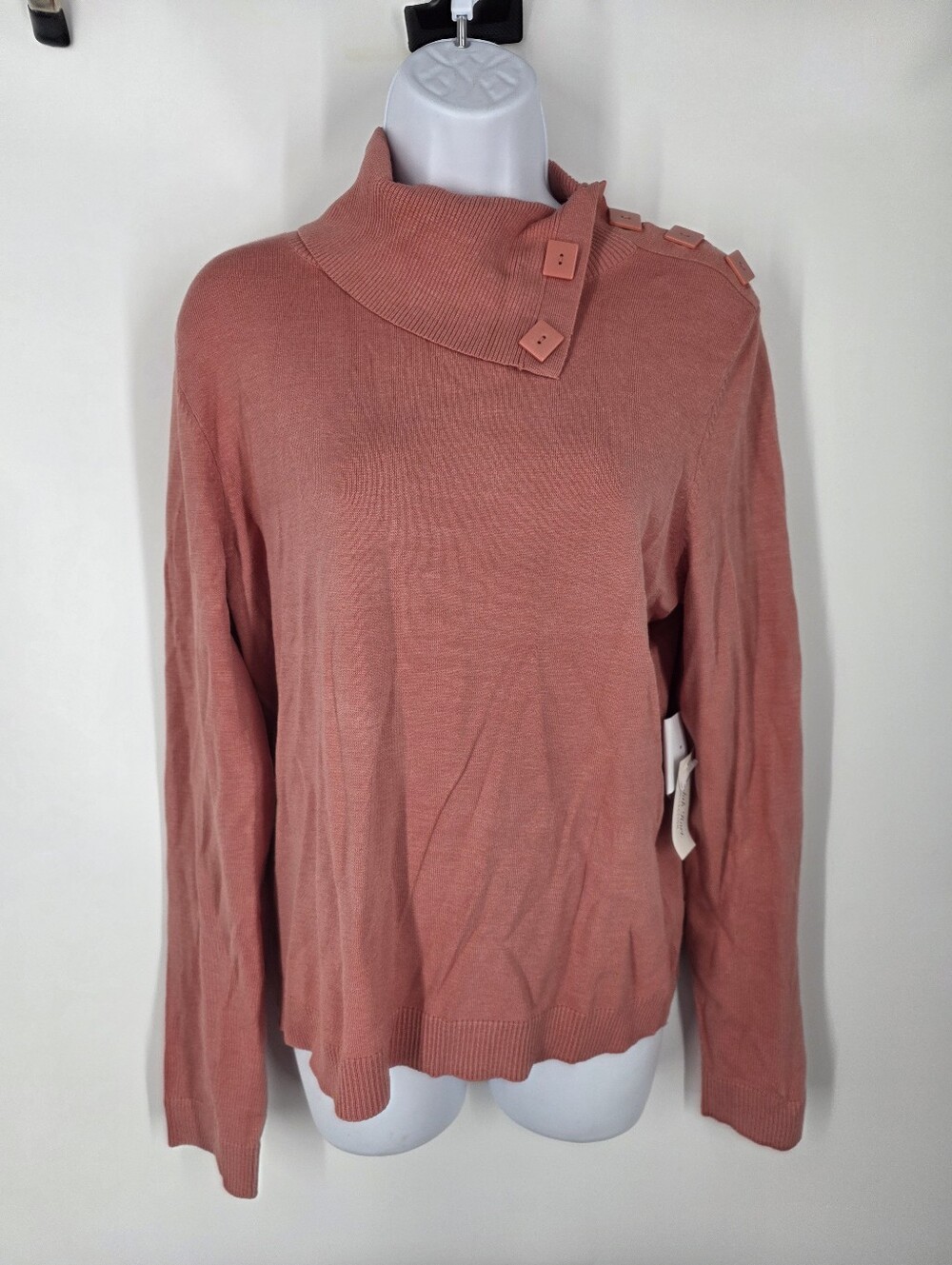Judith Hart Collection Silk Blend Sweater M Pink Salmon Mock Neck Button Shoulde